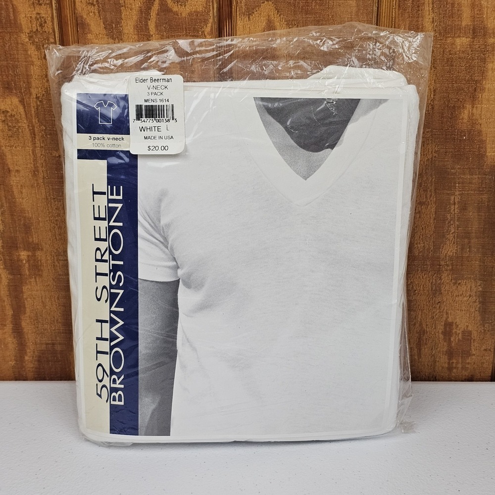 Vtg 59th Street Brownstone Men's V-Neck T-Shirt 3 Pack Sz L Undershirt White